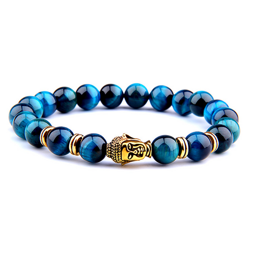 Royal Blue Tiger Wood Buddha Head Bracelet