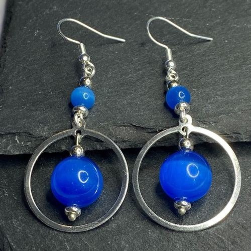 Deep Ocean Blue Silver Hooped Dangle Earrings