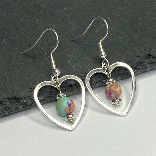 Violet Imperial Jasper Silver Heart Dangle Earrings