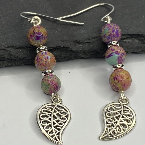 Violet Imperial Jasper Bohemian Leaf Dangle Earrings