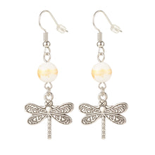 Load image into Gallery viewer, Natural Mashan Jade with Alloy Dragonfly Dangle Earrings Floral White