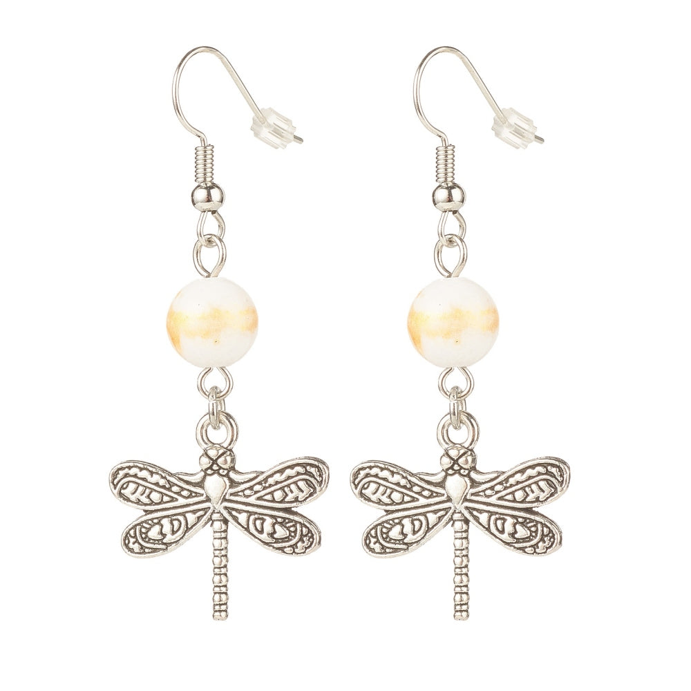 Natural Mashan Jade with Alloy Dragonfly Dangle Earrings Floral White