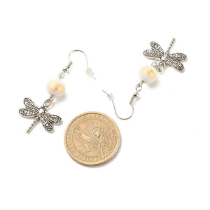 Natural Mashan Jade with Alloy Dragonfly Dangle Earrings Floral White