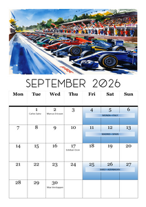 2026 Calendar Formula Racing Motorsports Events Dates, Driver Birthdays, A4 Size