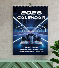 Load image into Gallery viewer, 2026 Calendar Formula Racing Motorsports Events Dates, Driver Birthdays, A4 Size