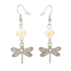 Natural Mashan Jade with Alloy Dragonfly Dangle Earrings Floral White