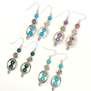 Groovy Boho Dangle Earrings, Imperial Jasper, Blue Cat Eye, Turquoise Howlite and Sea Shell, Malachite Bead