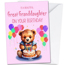 Load image into Gallery viewer, Great Granddaughter Birthday Card Cute Teddy Special Great Grandaughter A5 Size