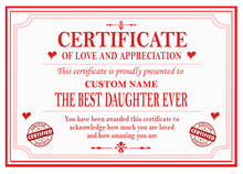 Load image into Gallery viewer, Best Mum, Dad, Brother, Sister, Auntie or Uncle Certificate