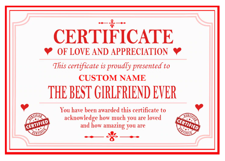 Best Brother, Sister, Girlfriend, Wife, Husband, Boyfriend Certificate