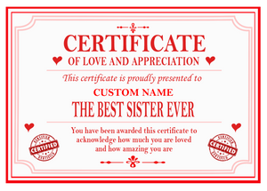 Best Mum, Dad, Brother, Sister, Auntie or Uncle Certificate