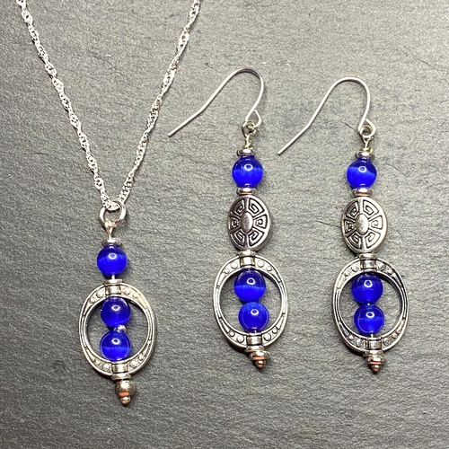 Deep Blue Cat Eye Moon Stone Style Dangle Bohemian Earrings, Necklace