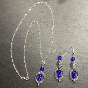 Deep Blue Cat Eye Moon Stone Style Dangle Bohemian Earrings, Necklace