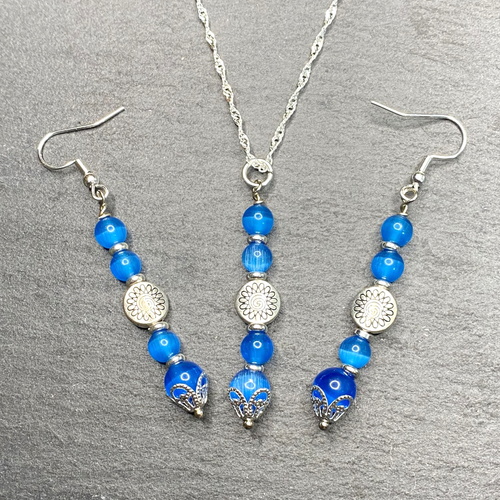 Paradise Blue Moon Cat Eye Dangle Earring and Necklace Weddings, Birthdays, Christmas for Her