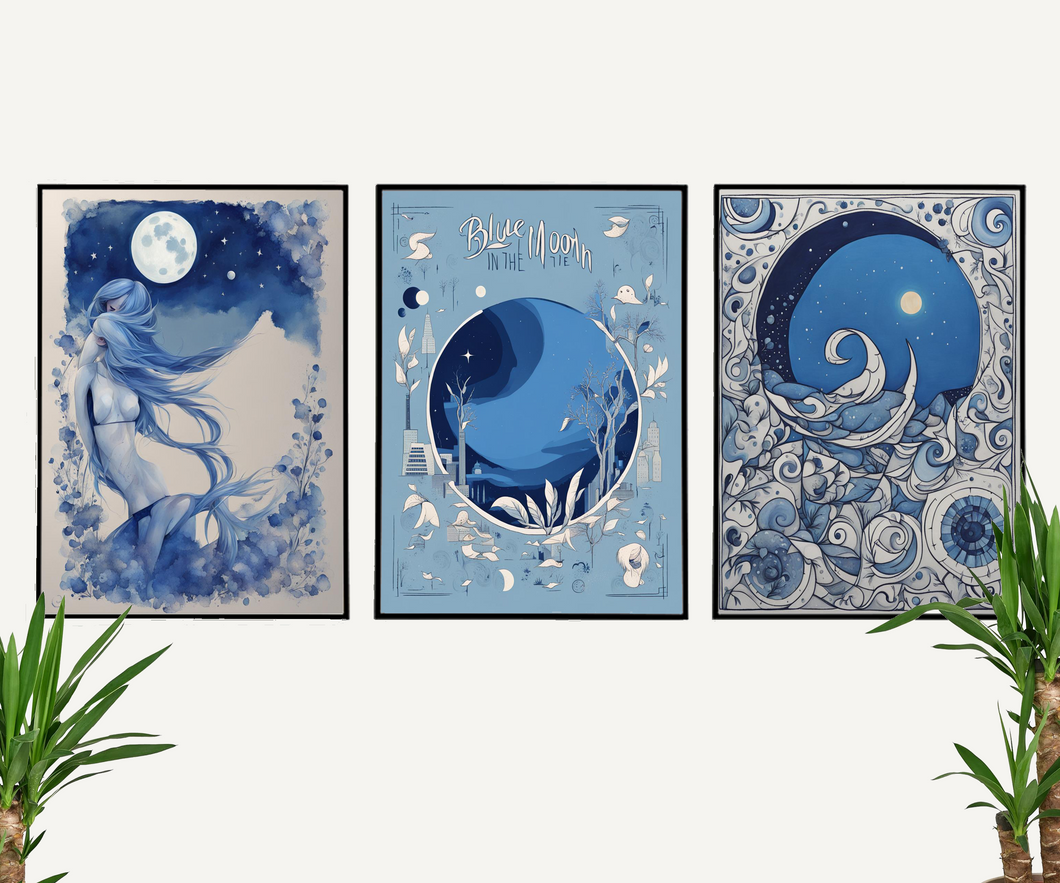 3 Prints Azure Lunar Dreams: Abstract Blue Moon Wall Art Print – Limited Edition