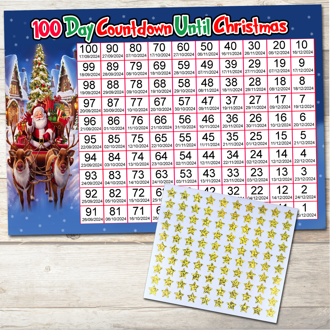 100 Day Christmas Countdown Calendar Sticker Count Down Decor 2024 A4 Card