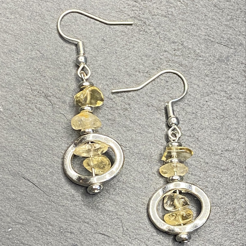 Natural Citrine Chip Bead Tumbled Dangle, Framed, Necklace