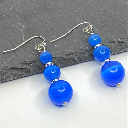Ocean Deep Blue Cat Eye Moonstone Style Drop Earrings
