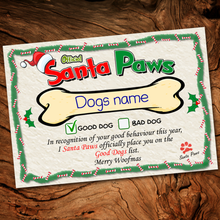 Load image into Gallery viewer, Personalised Dog Santa Paws Certificates