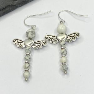 White Howlite Dragon Fly Dangle Earrings