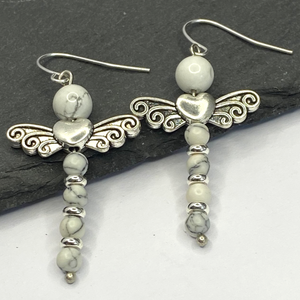 White Howlite Dragon Fly Dangle Earrings