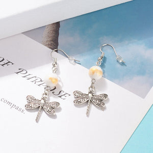 Natural Mashan Jade with Alloy Dragonfly Dangle Earrings Floral White