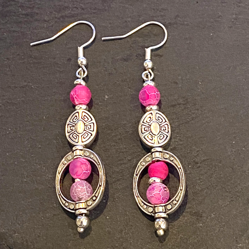 Hot Pink Frosted Fire Crackle Agate Dangle Bohemian Earrings, Necklace or Set