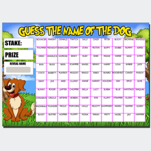 Load image into Gallery viewer, PACK OF 3  Fundraising Scratch card Game Guess the Dogs Name Fete Fayre A4