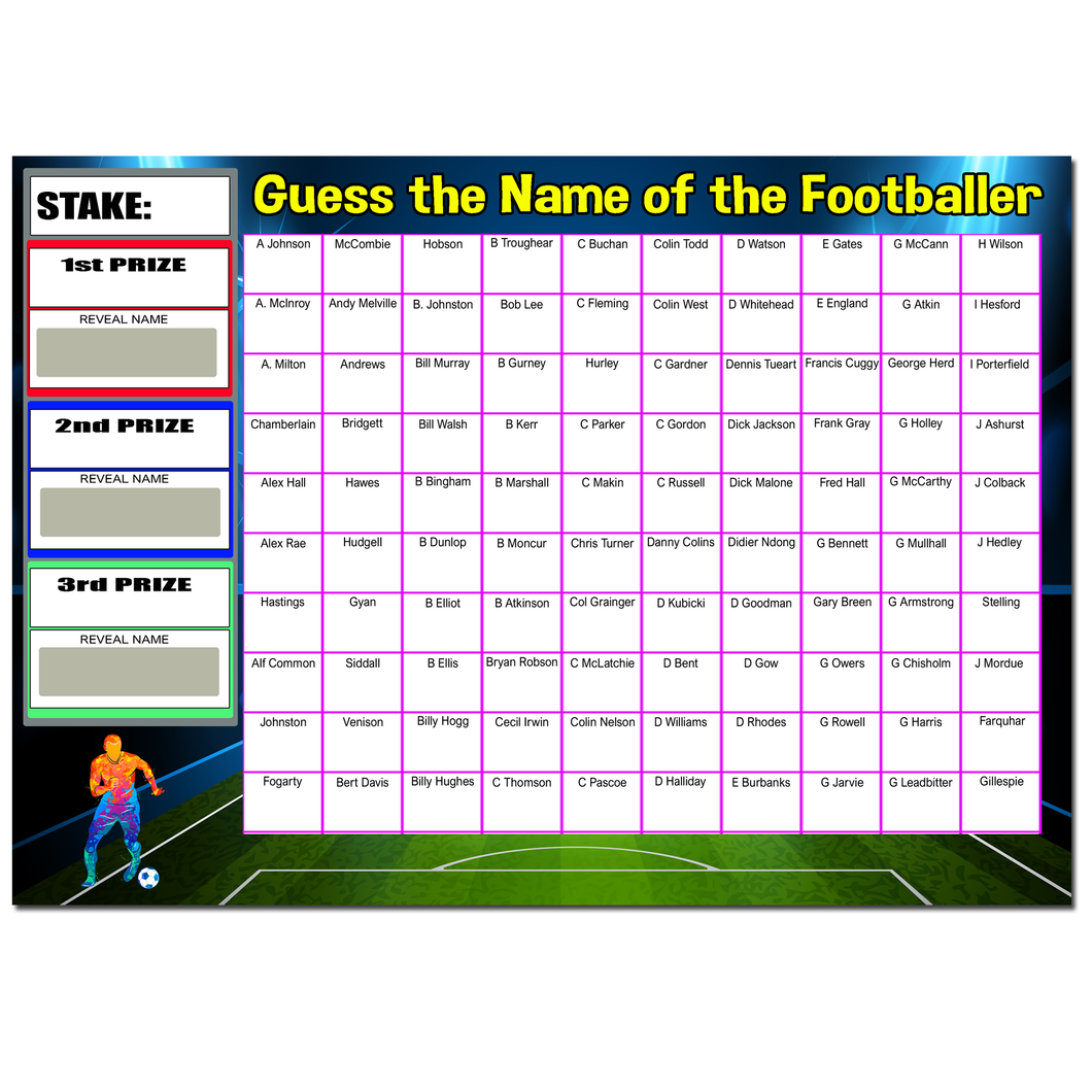 Guess the Name of the Footballer Fundraising Game Pub 3 Prize Fete Fayre A4