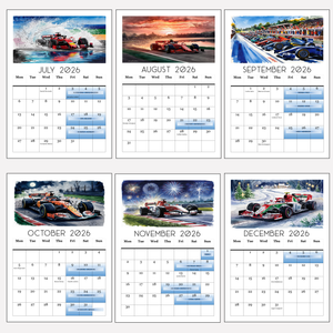 2026 Calendar Formula Racing Motorsports Events Dates, Driver Birthdays, A4 Size