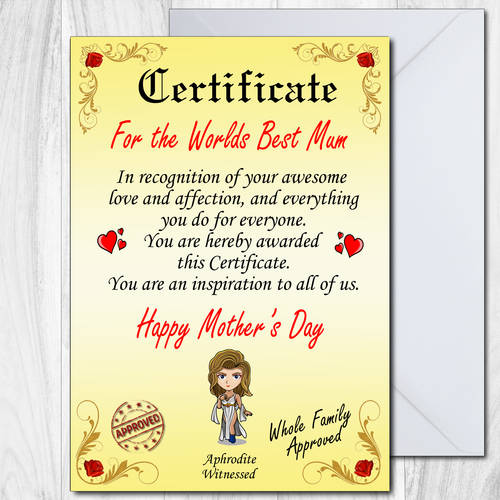 Mothers Day Card Worlds Best Mother Certificate Mum Mummy Mam