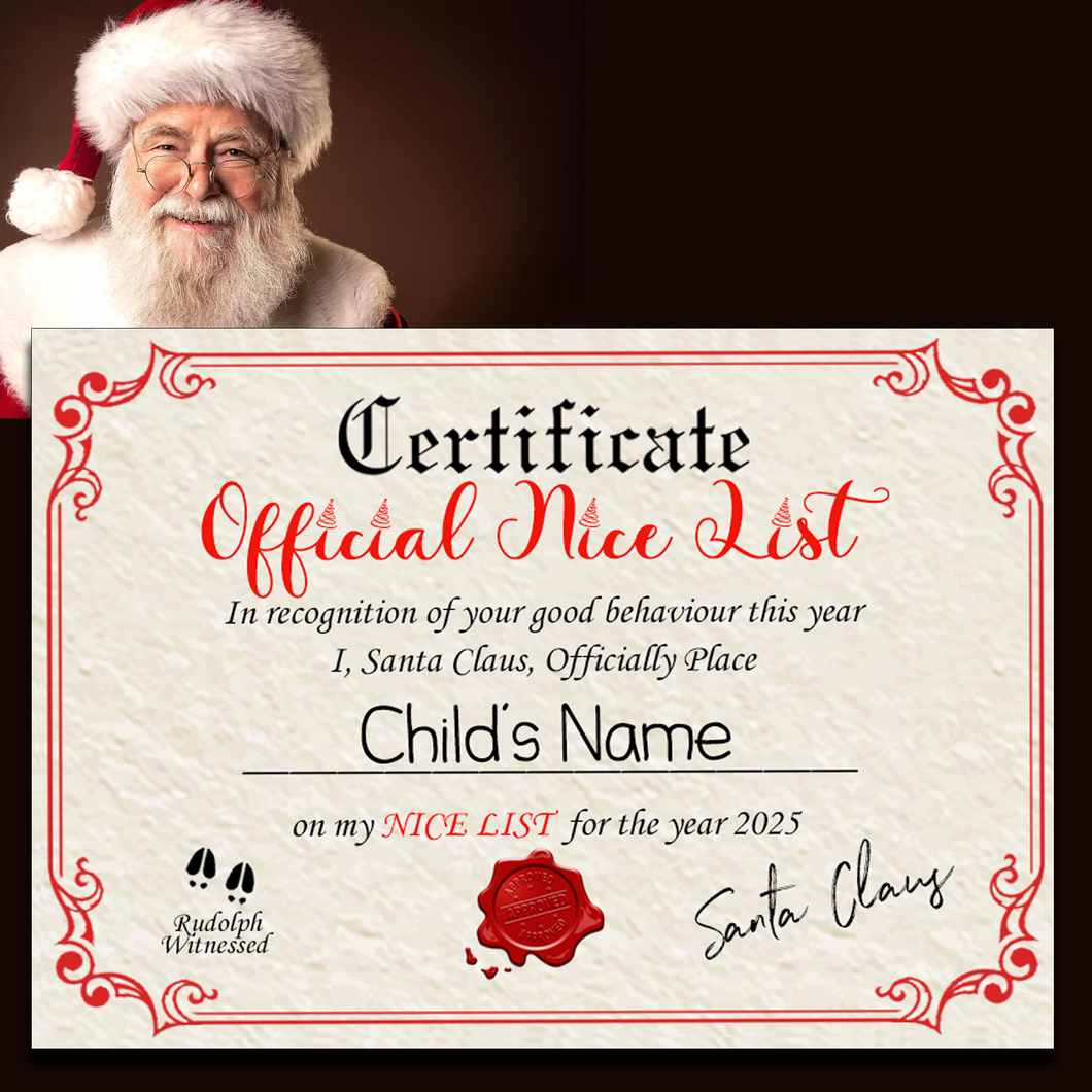 Personalised Christmas Nice List Certificate and Letters 2024