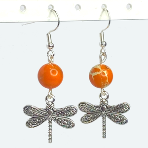 925 Hook Jasper Bead with Alloy Dragonfly Dangle Earrings