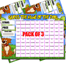 Load image into Gallery viewer, PACK OF 3  Fundraising Scratch card Game Guess the Dogs Name Fete Fayre A4