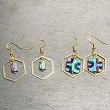 Load image into Gallery viewer, Hexangaonal Rainbow Gold Dangle Earrings