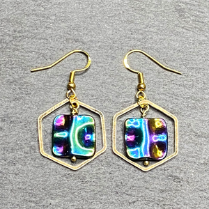 Hexangaonal Rainbow Gold Dangle Earrings