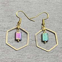 Load image into Gallery viewer, Hexangaonal Rainbow Gold Dangle Earrings