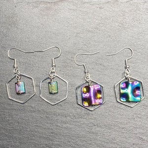 Hexangaonal Rainbow Silver Dangle Earrings