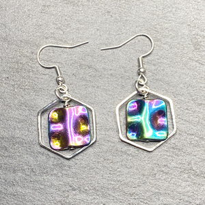 Hexangaonal Rainbow Silver Dangle Earrings