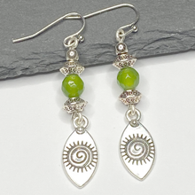 Load image into Gallery viewer, Boho Dangle Earrings, Bohemian Earrings, Antique Silver Earrings, Lawn Green Agate Earrings