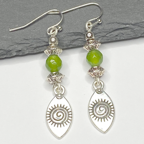 Boho Dangle Earrings, Bohemian Earrings, Antique Silver Earrings, Lawn Green Agate Earrings