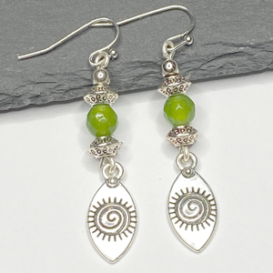 Boho Dangle Earrings, Bohemian Earrings, Antique Silver Earrings, Lawn Green Agate Earrings