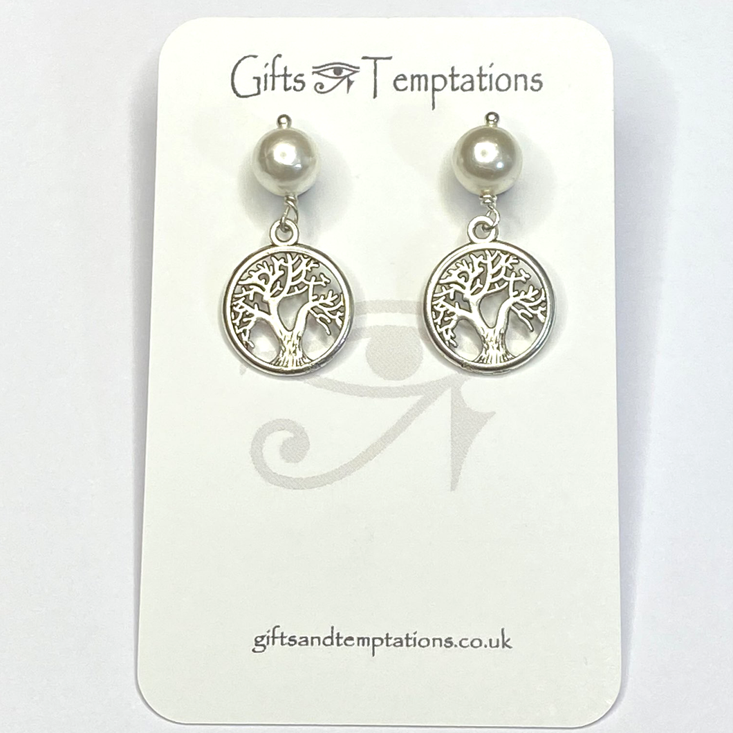 Shell Pearl Ball Stud Earring Tree of Life, Tibetan Leaf or Infinity Heart