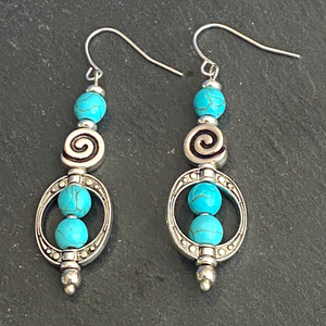 Groovy Boho Dangle Earrings, Imperial Jasper, Blue Cat Eye, Turquoise Howlite and Sea Shell, Malachite Bead