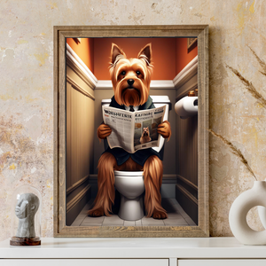 Yorkshire Terrier Sitting on a Toilet Reading a Newspaper - Wall Art for Bathroom